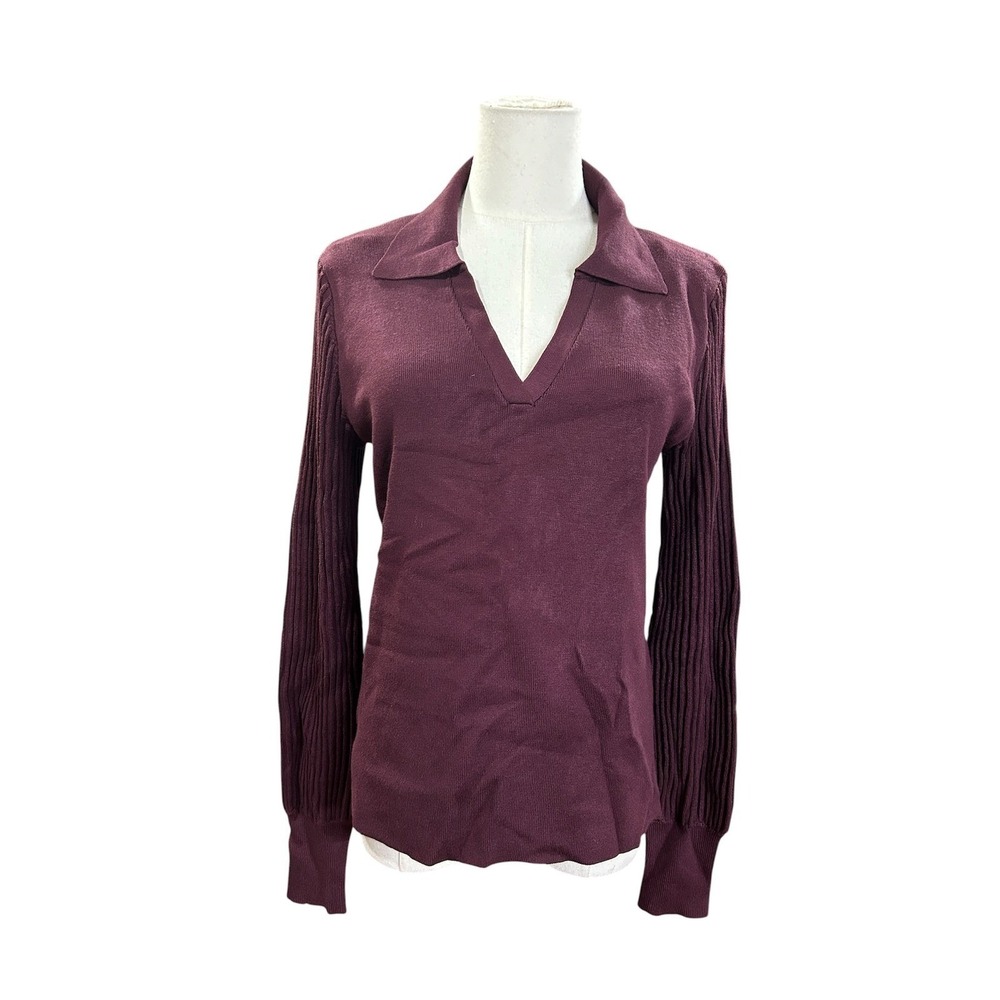 Calvin Klein Womens Ribbed Sleeve V-Neck Polo Sweater M Plum Purple M2KS8747